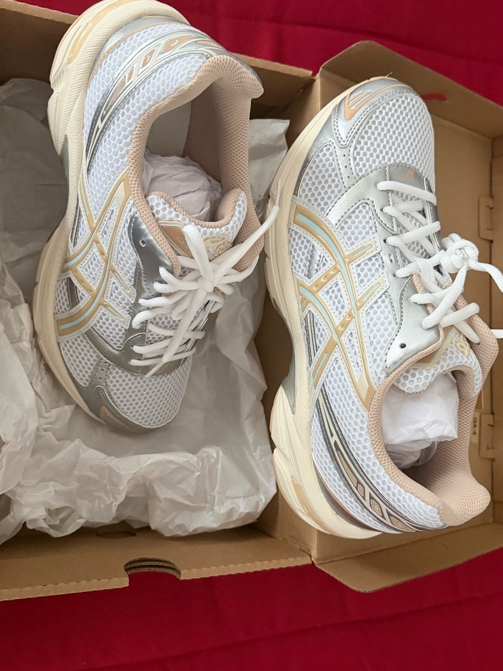 Asics White Athletic Sneakers with Beige and Silver Accents